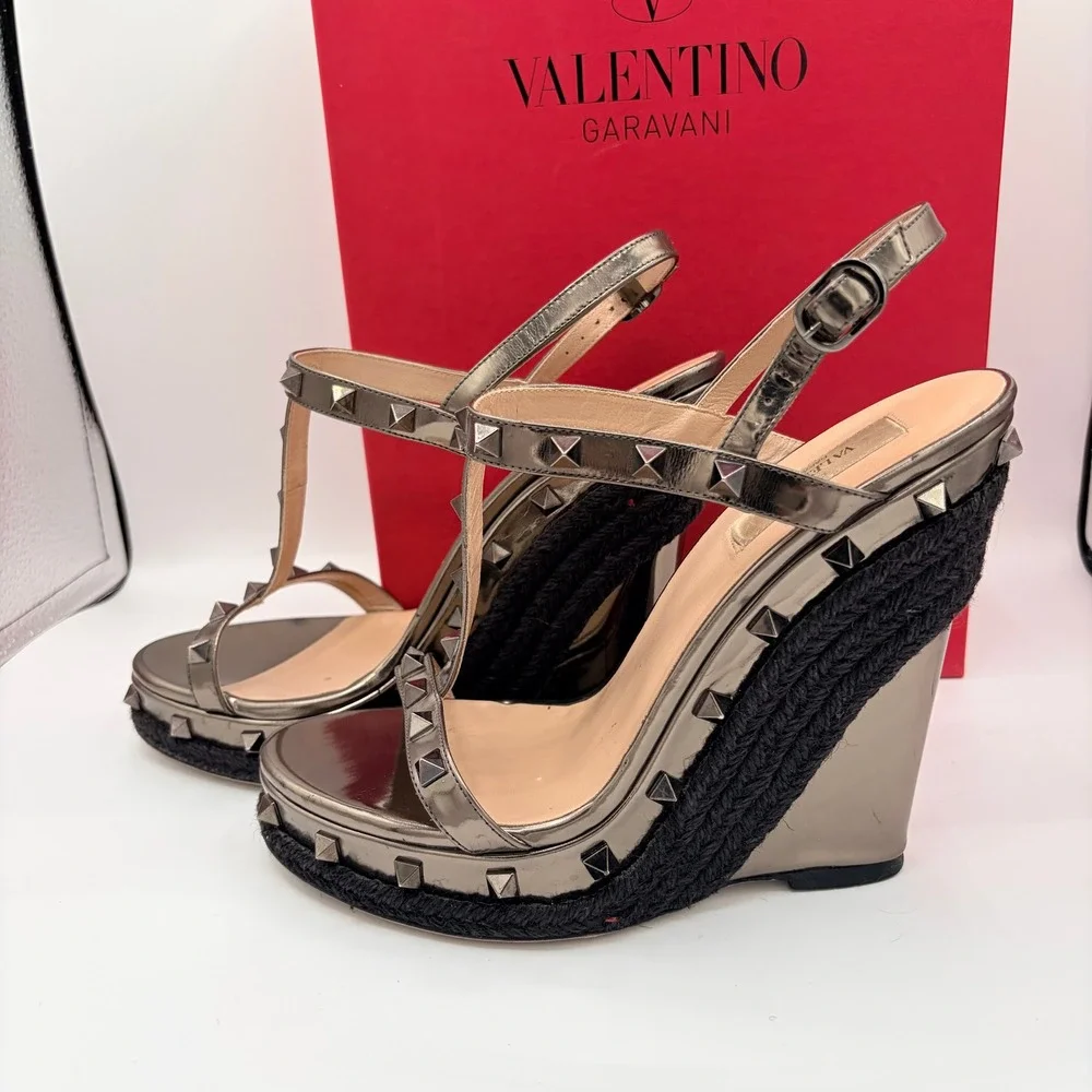 Valentino Rockstud Wedge Sandals 39.5 Gunmetal Metallic Espadrille Heels Box Bag - Picture 4 of 10